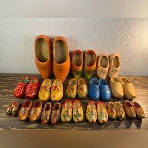 Vintage Wood Dutch Holland Shoes Clogs Lot Of  15 Pair Various Sizes & Colors